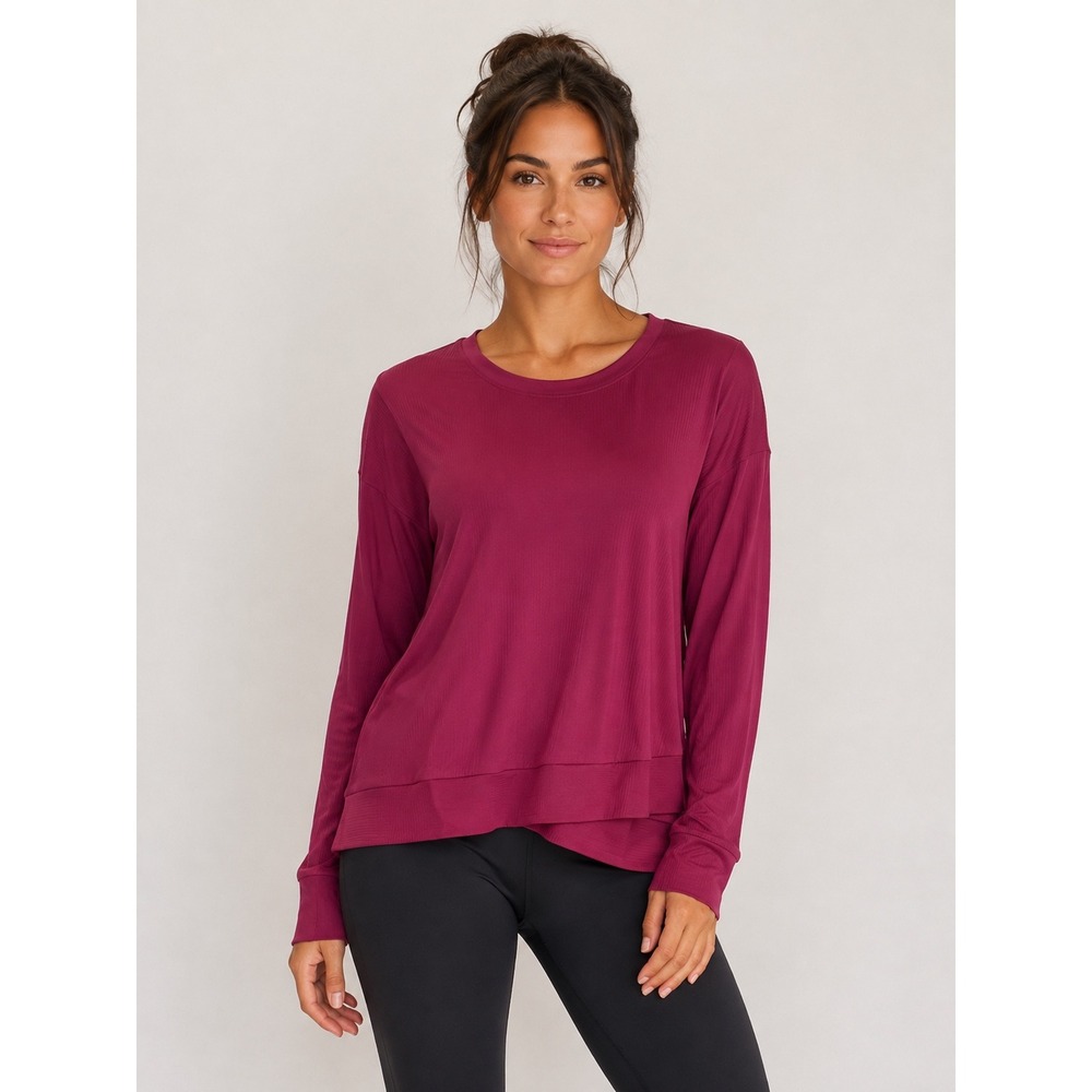 Danskin Womens Berry Ribbed Long Sleeve Crossover Hem Active Top Style 9923 L
